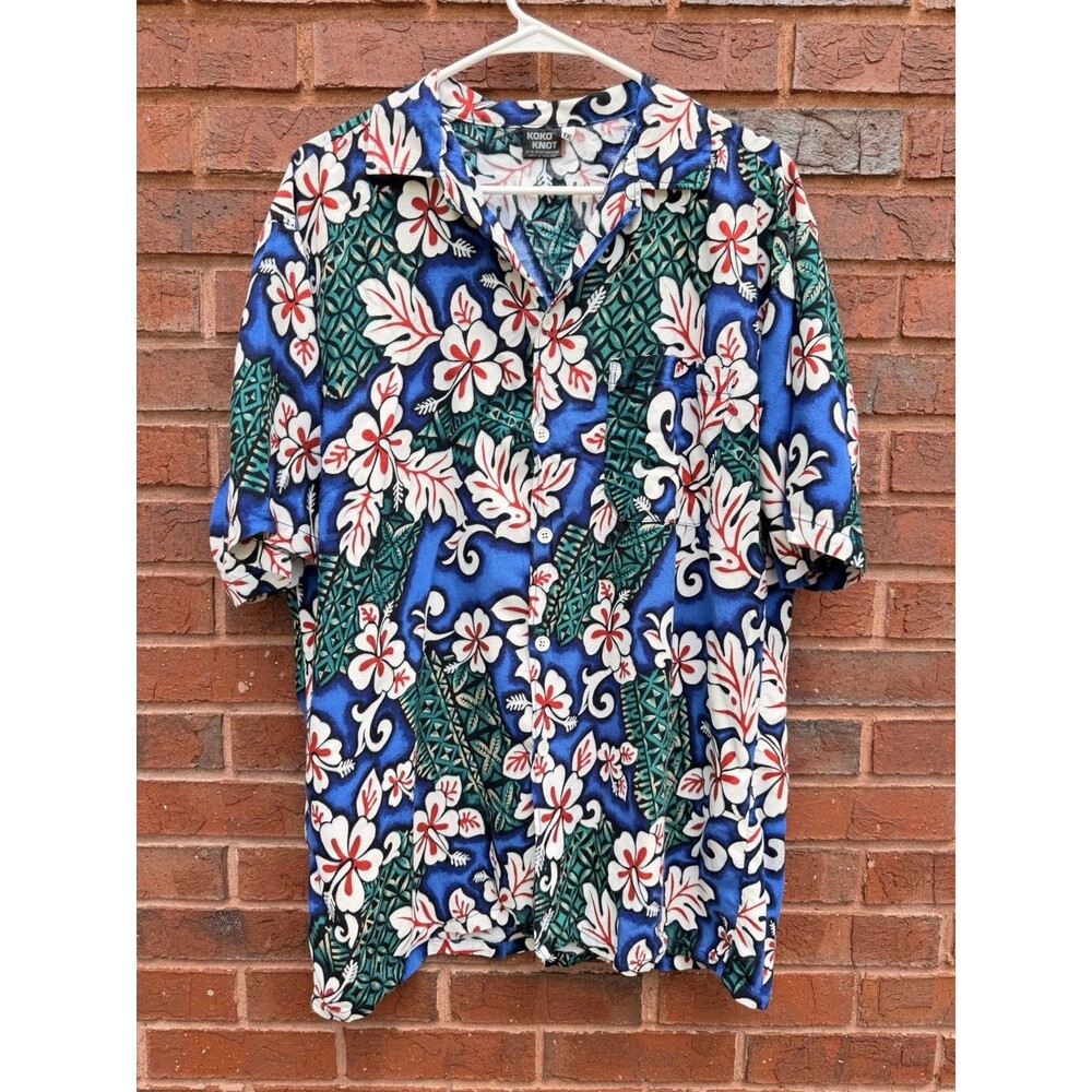 Koko Knot Aloha Hawaiian Shirt Mens 2XL Blue Floral Rayon Beach Cruise